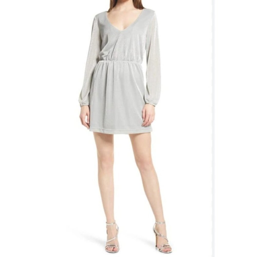 New BB DAKOTA BY STEVE MADDEN Size M Lana Metallic Long Sleeve Dress In Silver